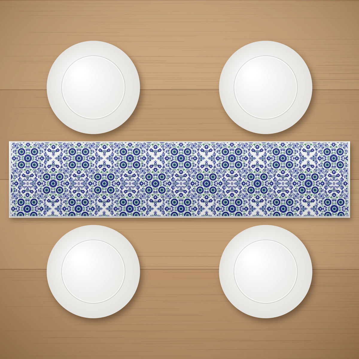 Garden table runner on a wooden table with plates