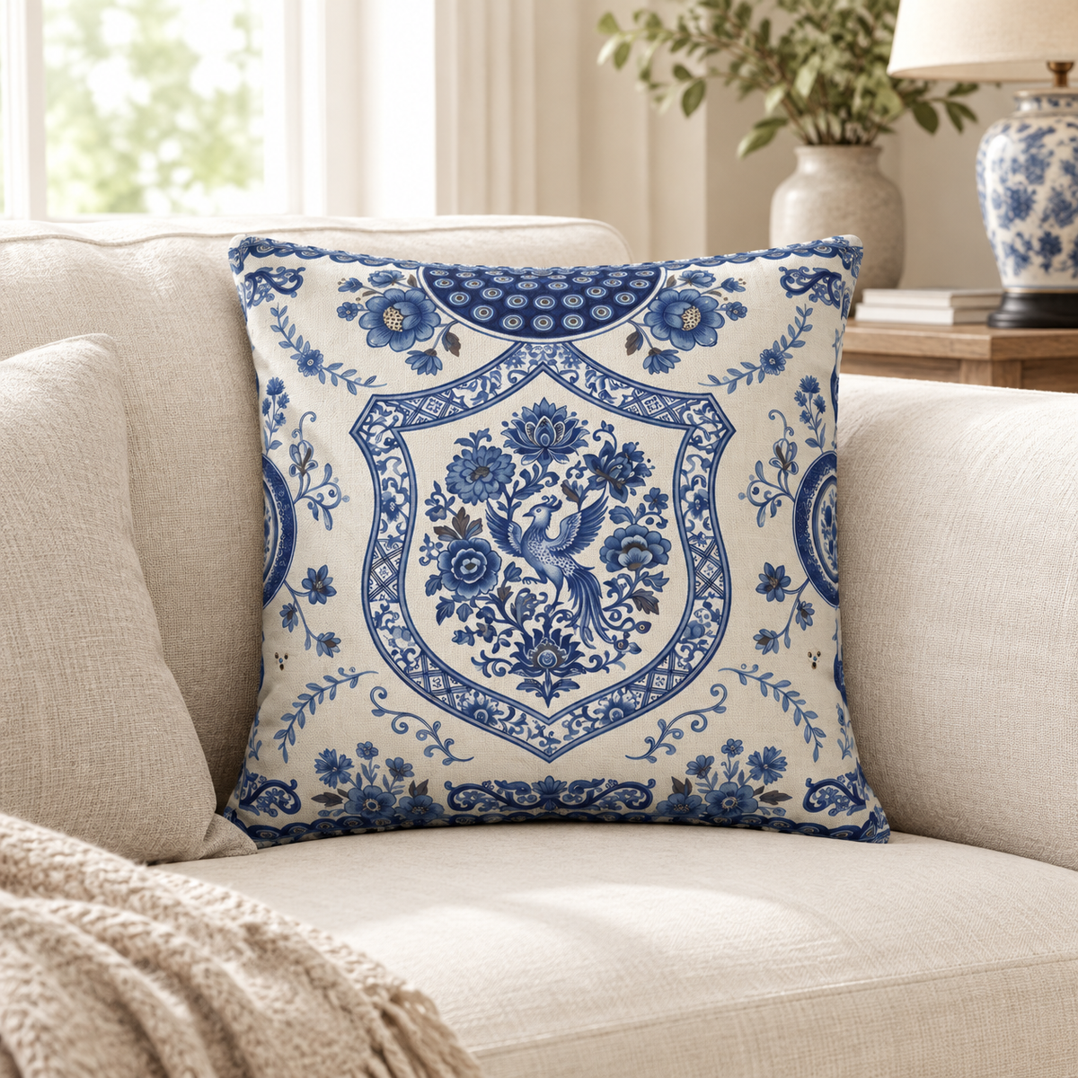 Heritage cushion in cobalt blue and cream folk print on a cream sofa
