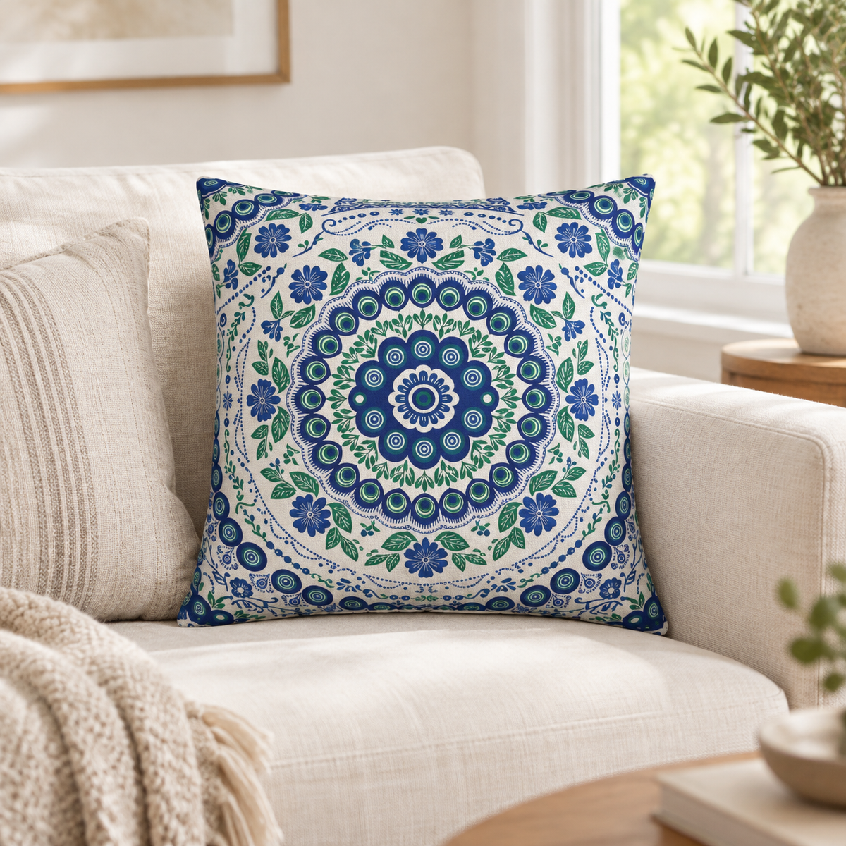 Mandala cushion in cobalt blue, green and white folk print on a cream sofa