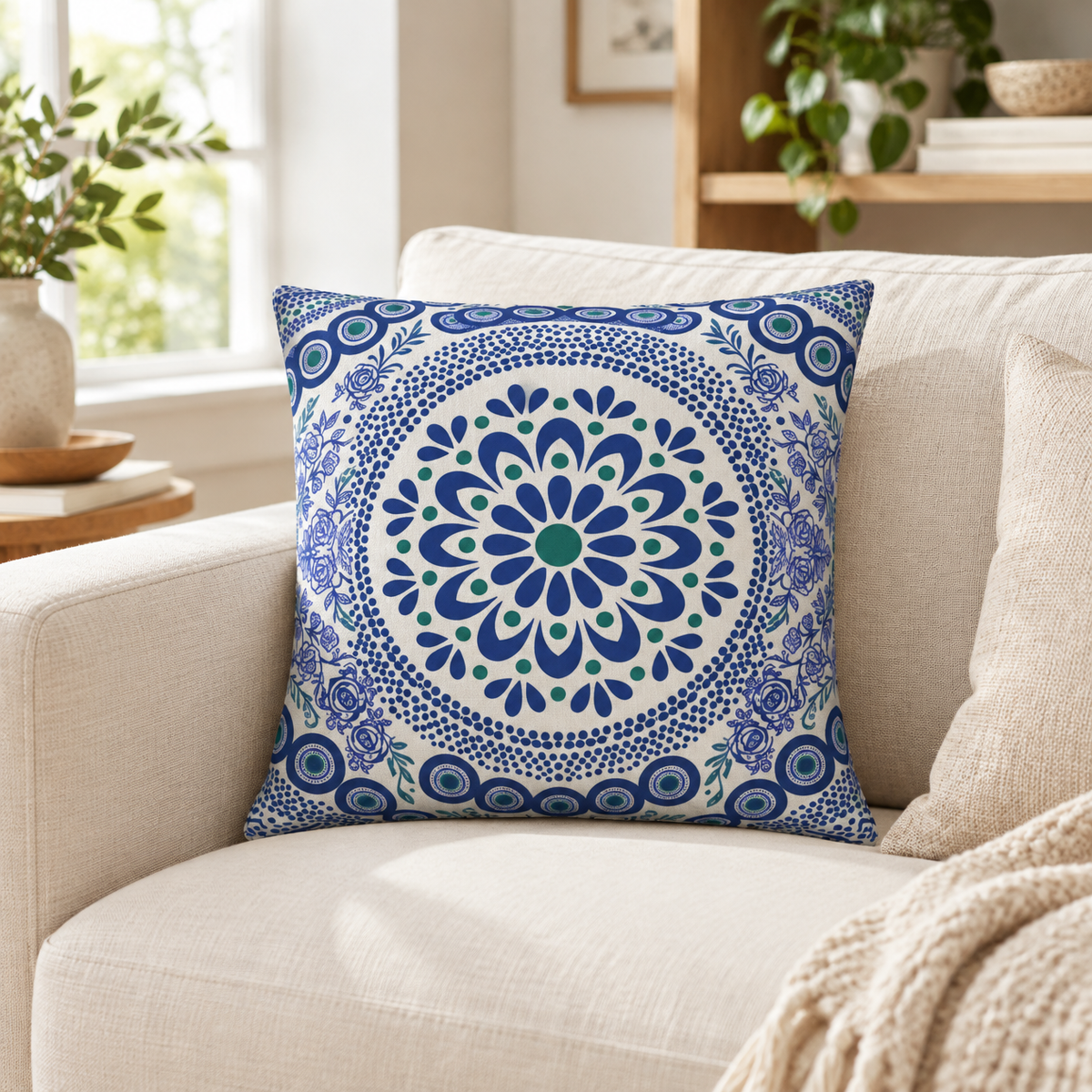 Medallion cushion in cobalt blue and white folk print on a cream sofa